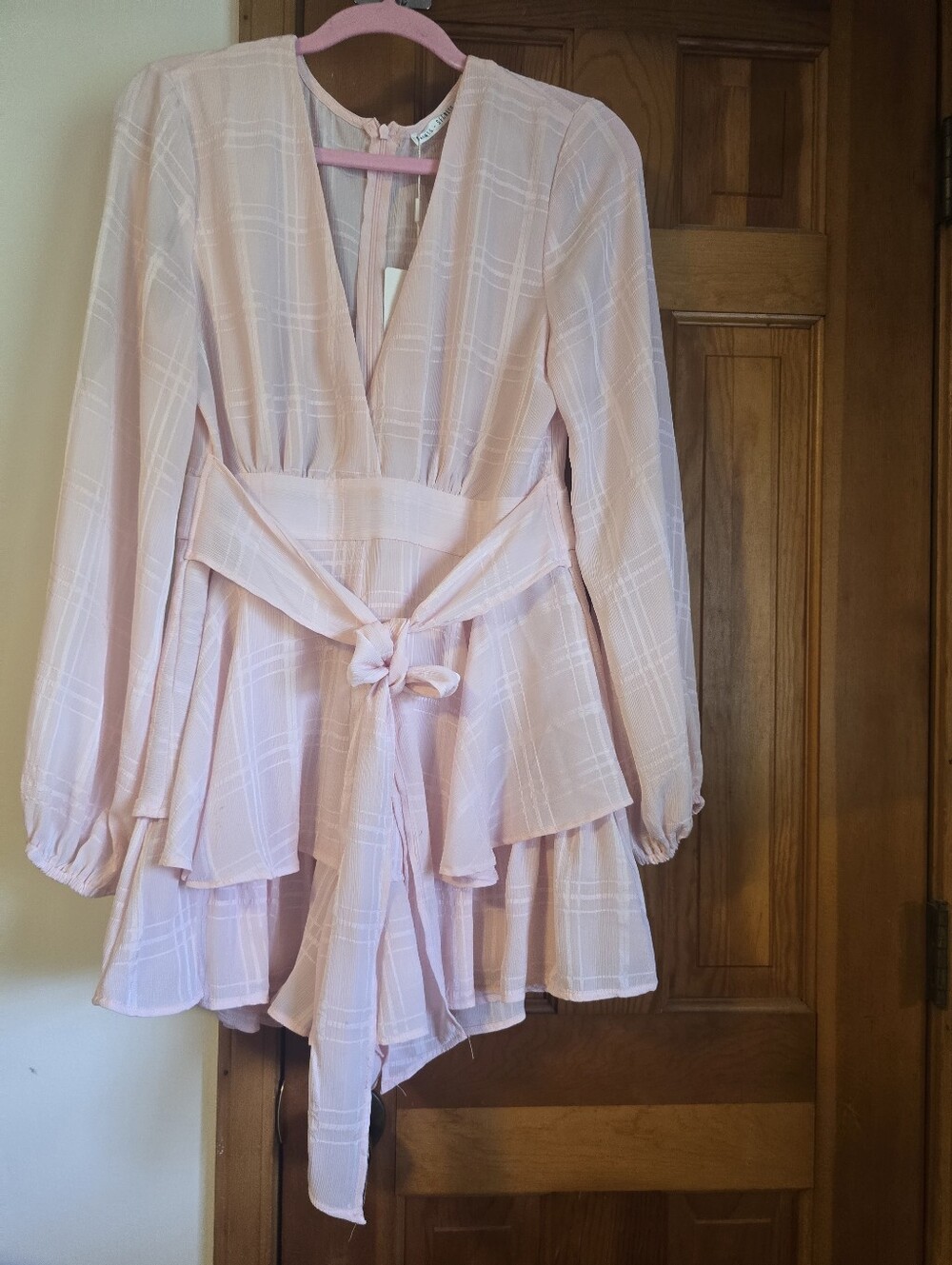 Saints And Secrets Blush Pink Plaid Long Sleeve Romper with Tie Waist
